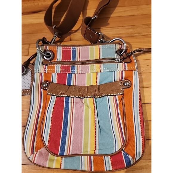 FOSSIL Crossbody Bag Striped Canvas Shoulder Purse Boho Floral Hippie Key - Picture 2 of 6